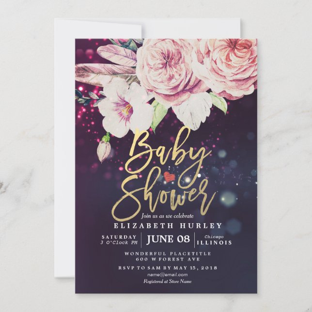 Invitation Baby shower Boho Floral Plumes violet Bokeh Lumièr (Devant)