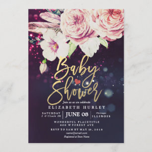 Invitation Baby shower Boho Floral Plumes violet Bokeh Lumièr