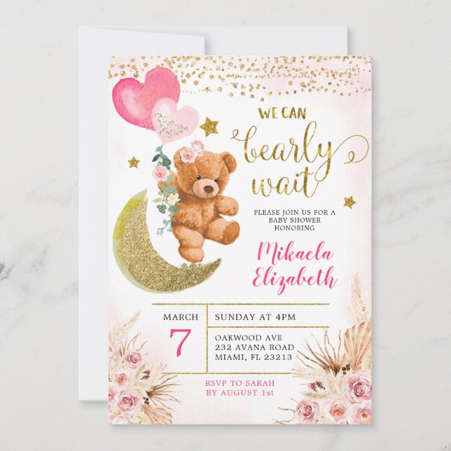 Invitation Baby Shower Boho Floral Rose Ours à pei (Devant)