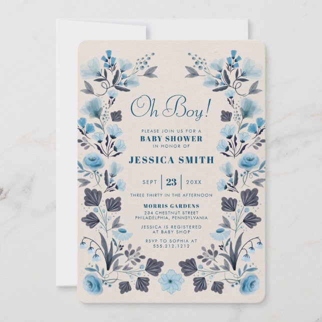 Invitation Baby shower Boho Folk Blue Boy moderne (Devant)