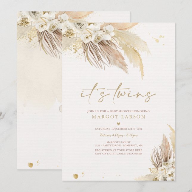 Invitation Baby shower Boho Grass Pampas Twin Neutre Genre (Devant / Derrière)