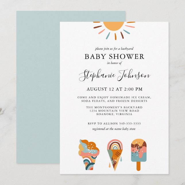 Invitation Baby shower Boho Ice Cream Jardin (Devant / Derrière)