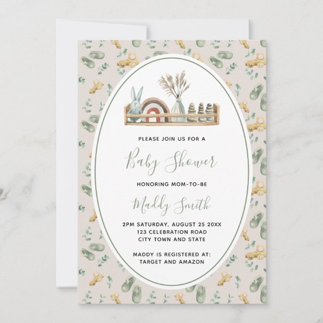 Invitation Baby shower Boho Jouets en bois Green Rainbow (Devant)