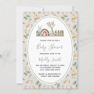 Invitation Baby shower Boho Jouets en bois Green Rainbow