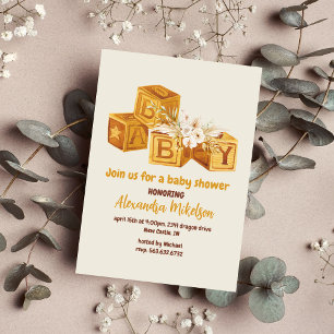 Invitation Baby shower Boho Neutral Wood Block Lettres