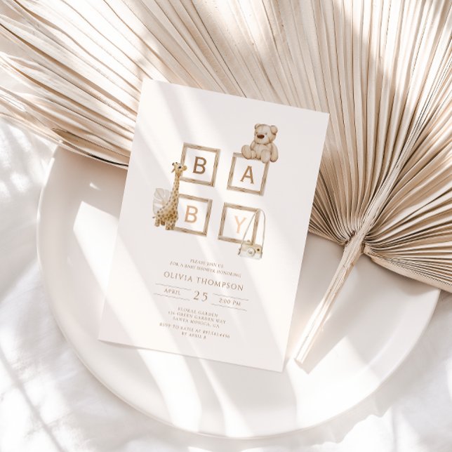 Invitation Baby shower Boho Neutral Wood Block Lettres (Créateur téléchargé)