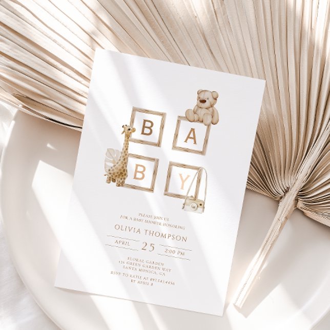 Invitation Baby shower Boho Neutral Wood Block Lettres (Créateur téléchargé)