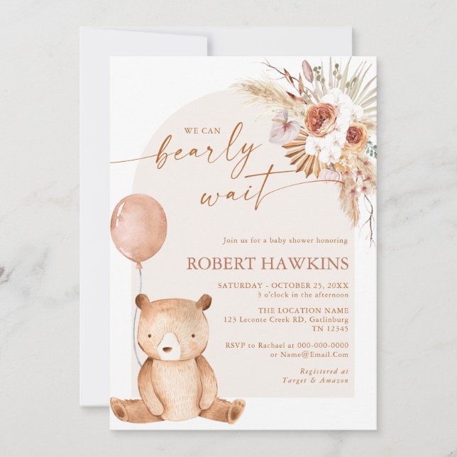 Invitation Baby shower Boho neutre pour l'ours en peluche (Devant)