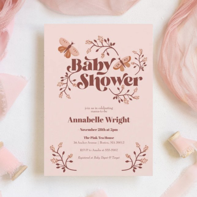 Invitation Baby shower Boho papillon rose (Créateur téléchargé)