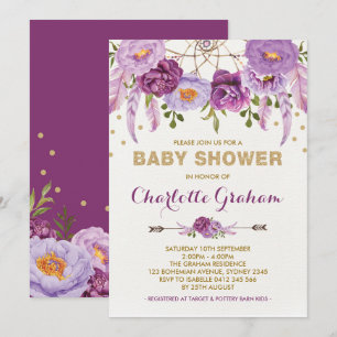 Invitation Baby shower Boho Purple Floral Dreamcatcher