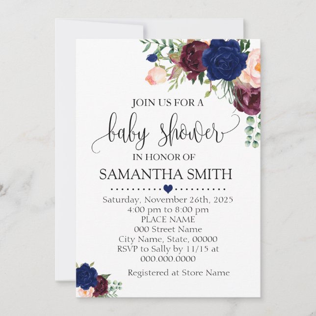Invitation Baby shower boho romantique floral Burgudy Navy (Devant)