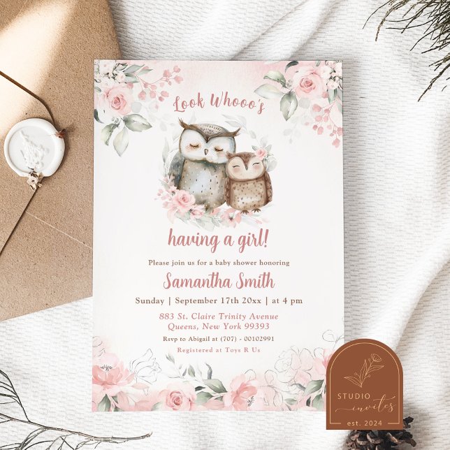 Invitation Baby Shower BOHO Rose Floral Hibou (Créateur téléchargé)