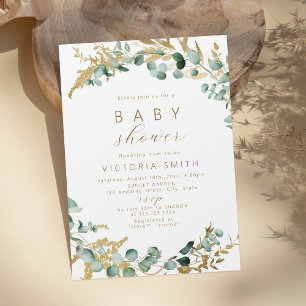 Invitation Baby shower boho rustique en or eucalyptus