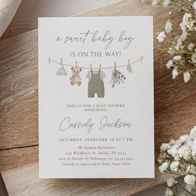 Invitation Baby shower Boho Sage Green Boy Vêtements bébé (Créateur téléchargé)