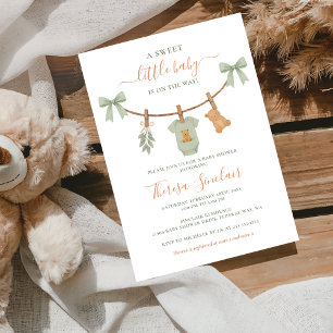 Invitation Baby-Shower Boho Sage Vert sur une Corde à Linge
