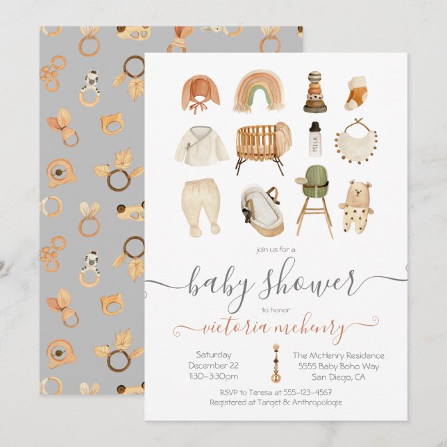 Invitation Baby shower Boho Scandi (Devant / Derrière)