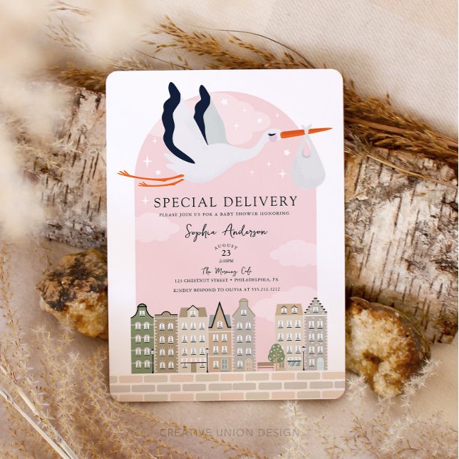 Invitation Baby shower Boho Stork Livraison Spéciale Saupoudr (Boho Baby Shower Stork)