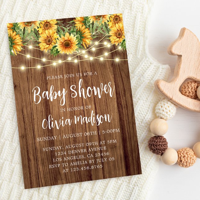 Invitation Baby shower Boho Sunflower String Lights (Créateur téléchargé)