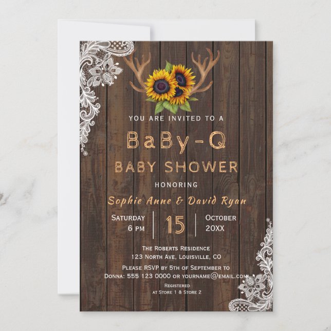 Invitation Baby shower Boho Sunflowers Antlers BaBy-Q (Devant)