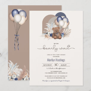 Invitation Baby shower Boho Teddy Bear & Blue White Ballons 