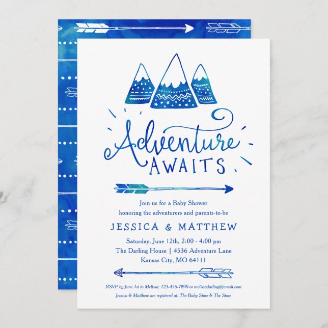 Invitation Baby shower Boho Tribal Blue "Adventure Await" (Devant / Derrière)