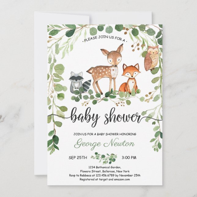 Invitation Baby shower boho verdoyant des animaux des bois (Devant)