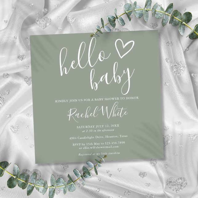 Invitation Baby Shower Boho Vert Sauge Neutre en Genre Bonjou (Gender Neutral Boho Sage Green Hello Baby Shower Invitation)