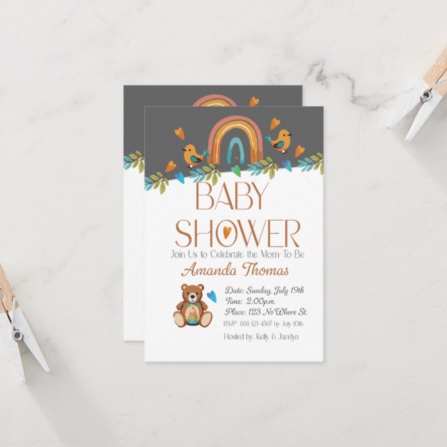 Invitation Baby shower BOHO Watercolor (Devant/Arrière en situation)