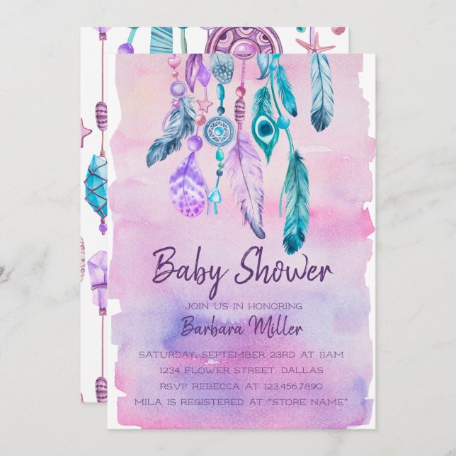 Invitation baby shower Boho Watercolor Dreamcatcher (Devant / Derrière)