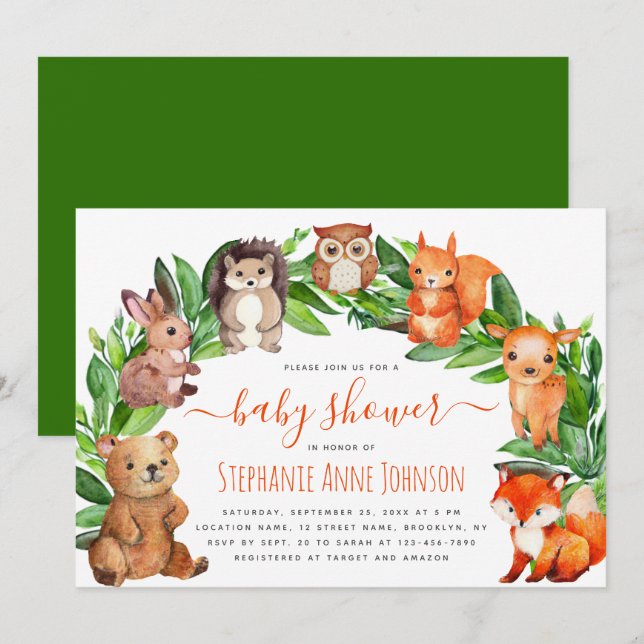 Invitation Baby shower Bois Animaux Aquarelle Arch mignonne (Devant / Derrière)