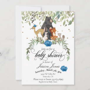Invitation Baby shower Bois Animaux Floral Blue Boy
