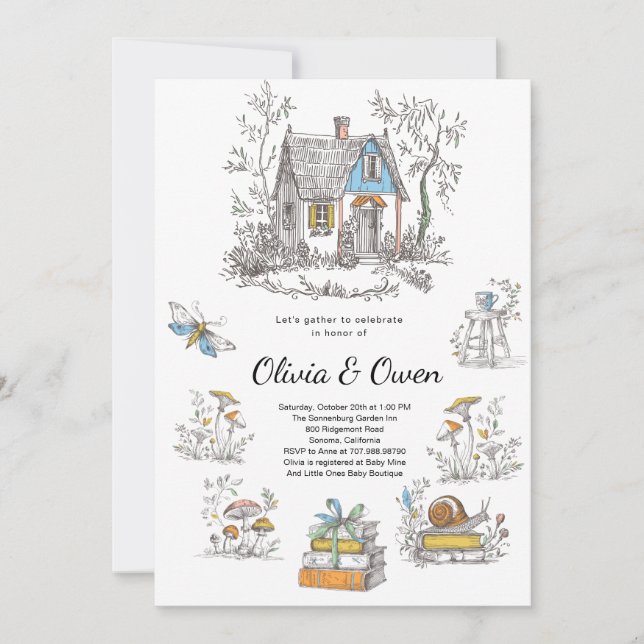 Invitation Baby Shower Bois Champêtre aux Champignons (Devant)
