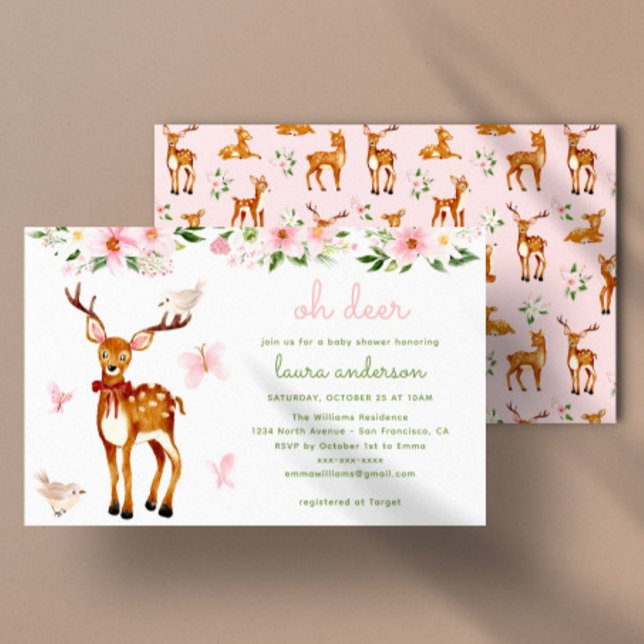 Invitation Baby shower bois de cerfs à l'aquarelle (Deer baby shower invitation with pink and green watercolor painting)