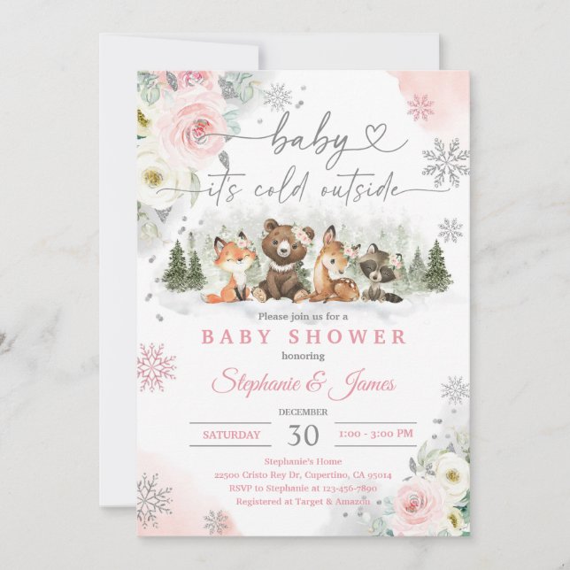 Invitation Baby Shower Bois de Winter Rose Pâle (Devant)