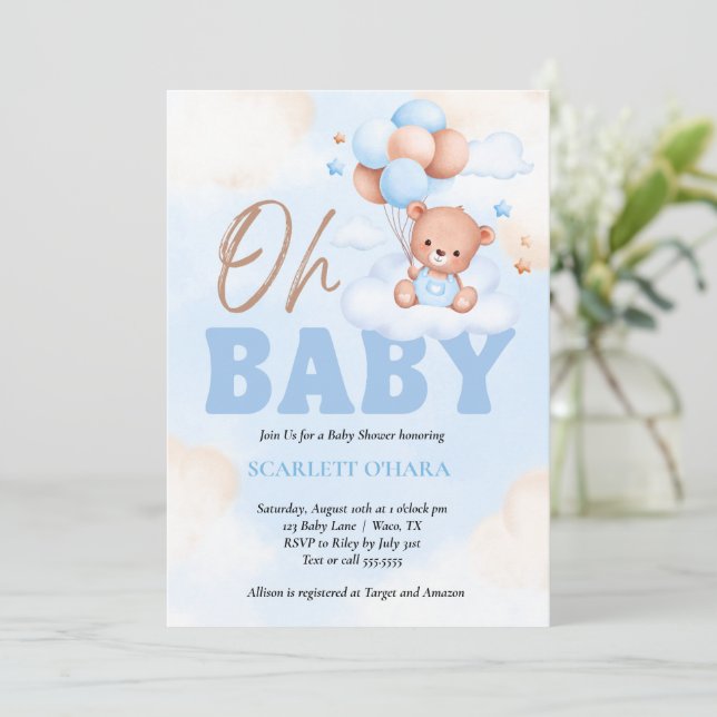 Invitation Baby shower bois ourson mignon bleu (Debout devant)
