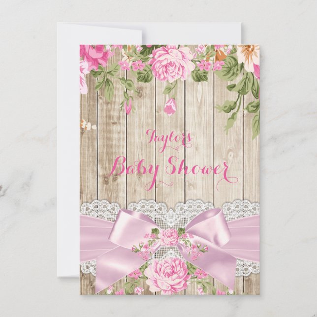 Invitation Baby Shower Bois Rustique Dentelle Rose Floral (Devant)