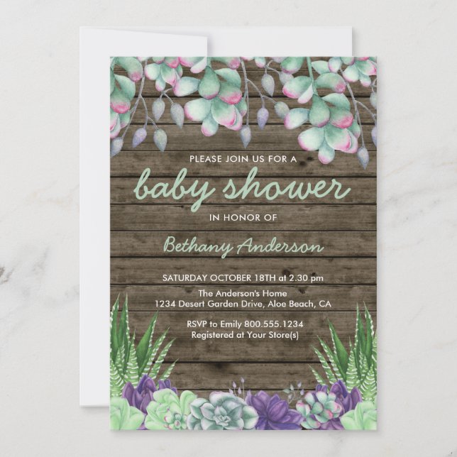 Invitation Baby shower Bois rustique et aquarelle Succulents (Devant)