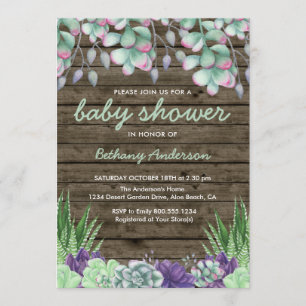 Invitation Baby shower Bois rustique et aquarelle Succulents