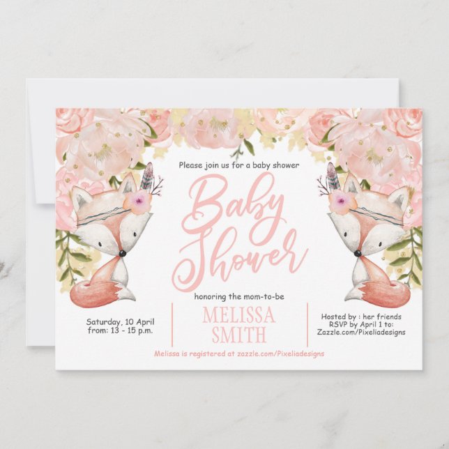 Invitation Baby shower boisé, Floral, Renard, Baby shower (Devant)