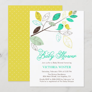 Invitation Baby shower botanique aux oiseaux jaunes et aquati