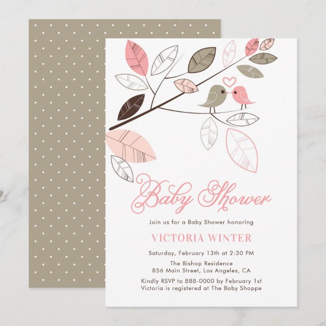 Invitation Baby shower botanique aux oiseaux roses et gris mi (Devant / Derrière)