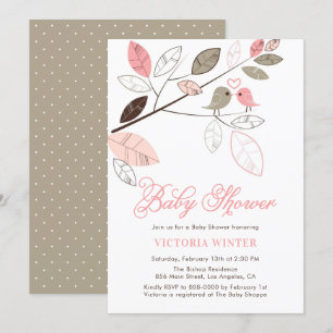 Invitation Baby shower botanique aux oiseaux roses et gris mi