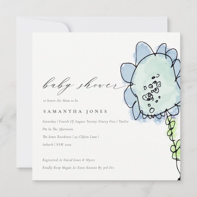 Invitation Baby shower botanique de fleurs bleues mignonnes p (Devant)