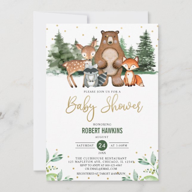 Invitation Baby shower botanique des animaux de la forêt bota (Devant)