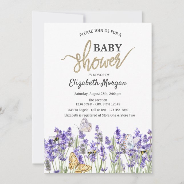 Invitation Baby shower botanique des papillons Lavander (Devant)