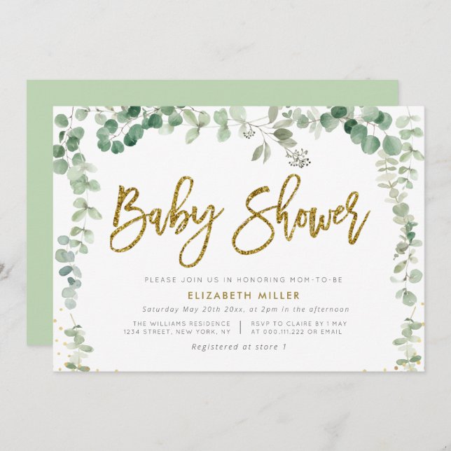 Invitation baby shower botanique d'eucalyptus (Devant / Derrière)