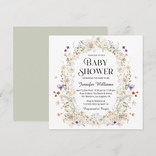 Invitation baby shower botanique fleuri à l'aquarelle (Devant / Derrière)