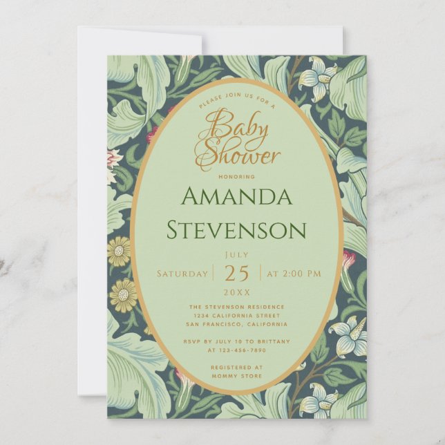 Invitation Baby shower botanique Gold Green Feuilles Leiceste (Devant)
