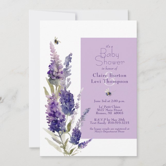 Invitation Baby shower Botanique Lavande Florale Violet (Devant)