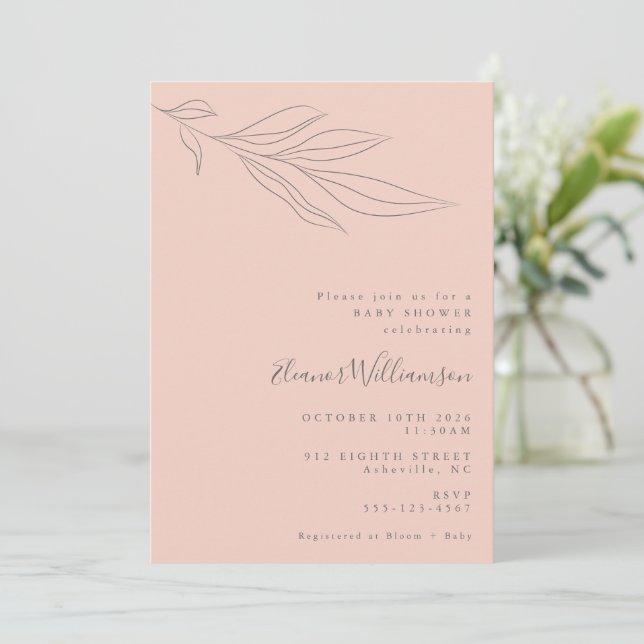 Invitation Baby shower botanique minimaliste rose pâle (Debout devant)